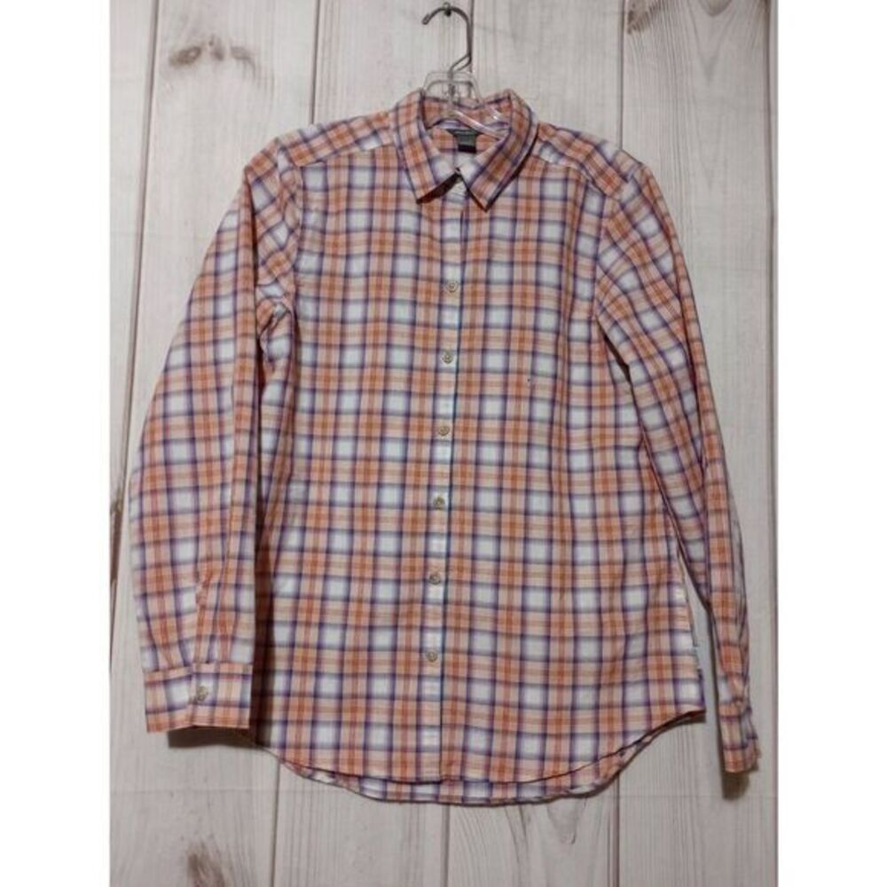 Eddie Bauer Shirt Ladies Small Button Front Long Sleeve Blue Peach Plaid Hiking